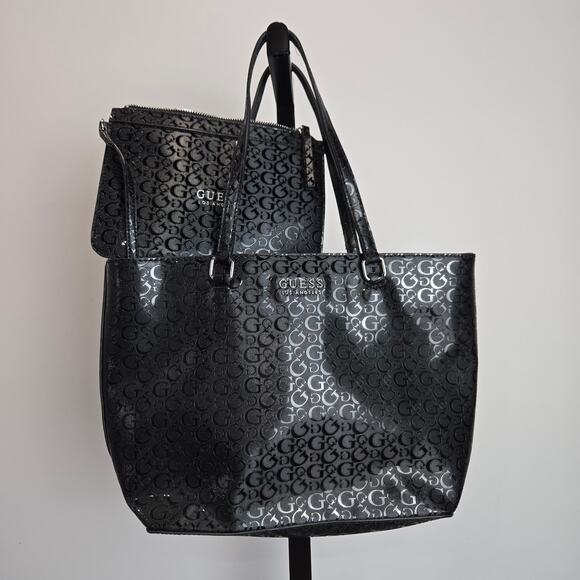 Guess Y2K Shoulder Bag Purse Tote and Wristlet Set Black G Logo Patent - Picture 1 of 10